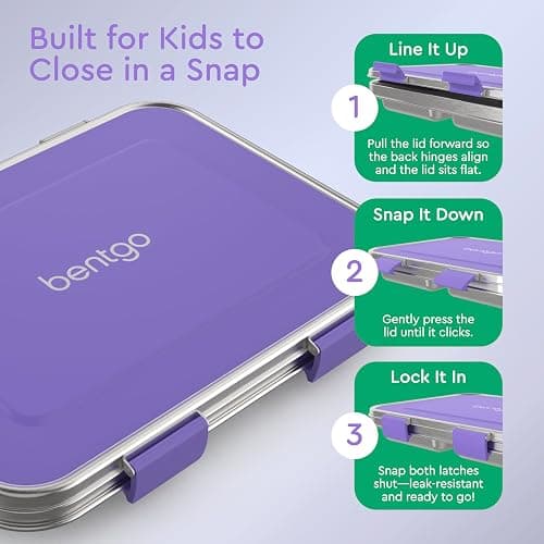 Bentgo Kids Stainless Steel Leak-Resistant Lunch Box - 3-Compartments with Bonus Silicone Container, Durable, Eco-Friendly, Dishwasher Safe, BPA-Free, Ideal for School, Ages 3+ (Purple) thumbnail 5