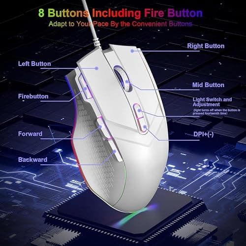 LEWENTECH Gaming Mouse 6 Adjustable DPI Up to 7200 Wired PC Gaming Mouse 8 Programmable Buttons 13 Adjustable RGB LED Modes 1.5 M Drag-Free Paracord Ergonomic Mouse Windows/PC/Mac/Laptop (White) thumbnail 3