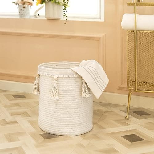 Mkono Macrame Decorative Cotton Rope Basket Boho Cute Woven Tassel Tall Basket Closet Storage Bins Organizer for Nursery,Baby Toys, Potted Plants Cover,Living Room,Bedroom Home Decor 15.7"x 19.6" - 15.7"x19.6" thumbnail 2