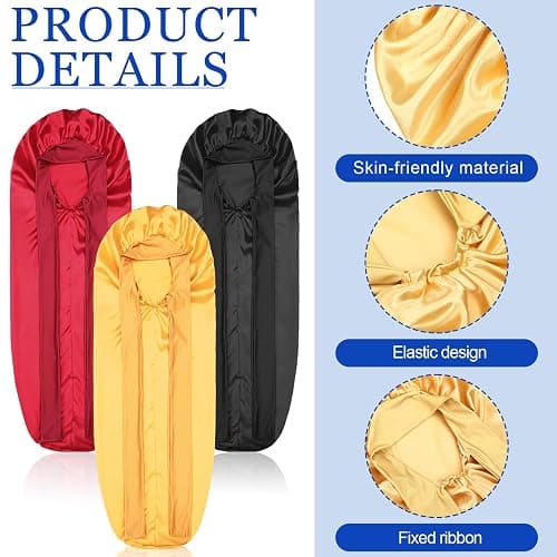 Geyoga 3 Pcs 40 Inches Extra Long Satin Braid Bonnet for Sleeping Silk Hair Bonnet for Women with Tie Band Foldable Braids Hair Sleep Tie, Black, Wine Red and Gold thumbnail 3
