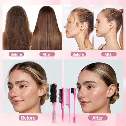 Boar Bristle Slick Back Hair Brush for Smooth Flyaways, Frizz, Sleek Ponytail, Buns and Edge Baby Hair, Teasing | Hair Comb, Edge Brush, Teasing Brush Styling Accessories for Kids, Women & Men (Pink) thumbnail 4
