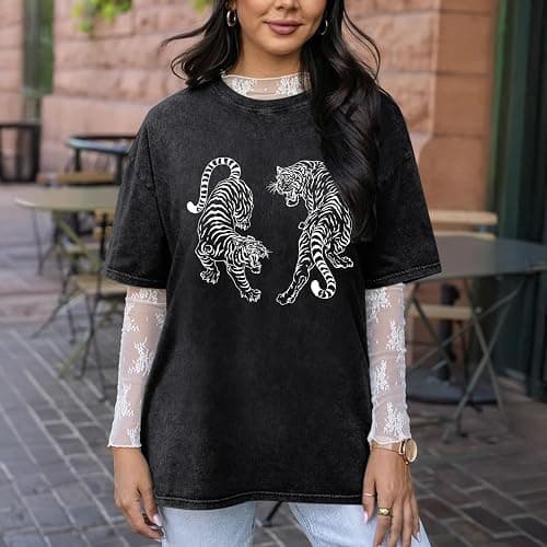 Weetiotio Tiger Graphic Tees Shirt for Women Oversized Streetwear Shirts Acid Wash Tshirt Tigers Print Cotton Summer Tops thumbnail 6