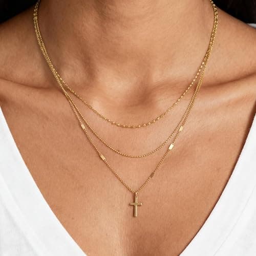 ZOFnic Cross Layered Choker Necklace for Women 18K Gold Plated Double Chain with Stack Jewelry Gift for Mom Daughter Friend Initial Charm Necklace for Birthday Anniversary thumbnail 3
