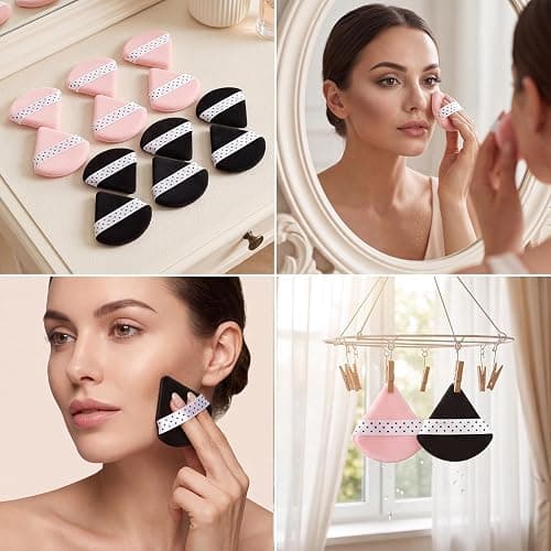 12 Pack Powder Puffs Triangle with Polka Dot Ribbon, Pink Black Velour | Soft Triangle Makeup Puff Face Setting Powder Sponge for Loose Powder Setting or Concealer Sponge thumbnail 7