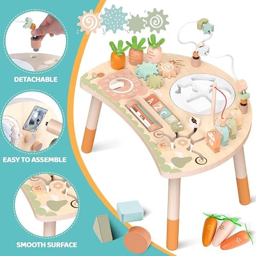 Hewaurorion Wooden Activity Table for 1 Year Old - Montessori 9 in 1 Busy Board Baby Activity Centre with Bead Maze Shape Sorter, Sensory Learning Toys for Toddler, Birthday Gift for Boys and Girls thumbnail 5