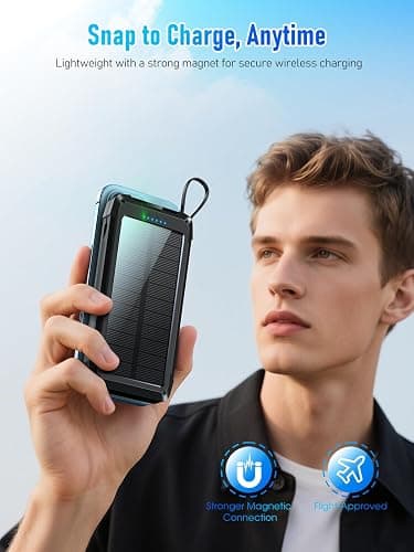 Magnetic Solar Power Bank 20000mAh Wireless Portable Solar Charger 22.5W USB C PD QC 3.0 Fast Charging 5 Output 3 Input Camping External Battery Pack,with 2 LED Flashlight for Outdoor (Black) thumbnail 6