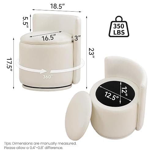 WUTUTUEE Leather Vanity Chair with Storage, 360° Swivel Makeup Chair with Pleated Back, No Assembly Small PU Accent Stool for Bedroom, Dressing Room, Living Room, White thumbnail 2