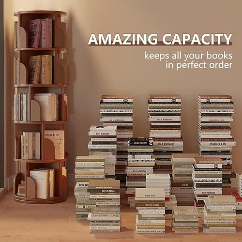 Revolving Bookcase, Rotating Bookshelf Tower, 360° Display Standing Book Shelf Organizer, Freestanding Wooden Corner Bookshelves Storage Rack for Small Space, Living Room, Bedroom (5-Tier) thumbnail 7