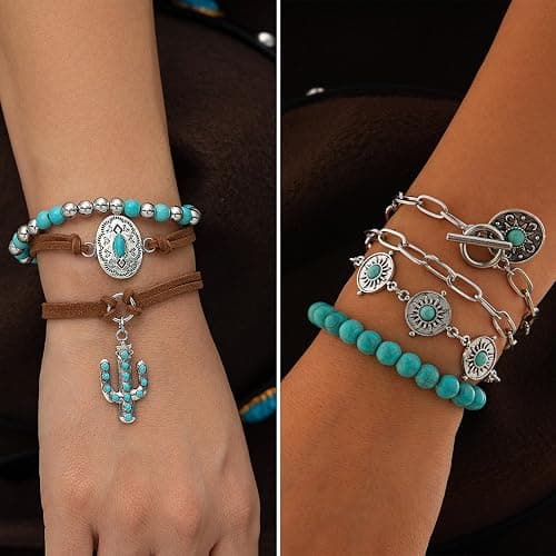 IFKM Bohemian Jewelry Set With Turquoise Necklace, Dangle Earrings, Stackable Bangle Bracelets, Knuckle Rings For Women Vintage Western Boho Turquoise Anniversary Birthday Friendship Gift thumbnail 4