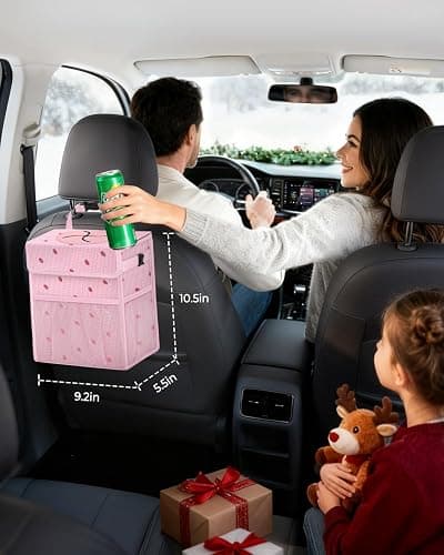 HORJONES Corduroy Car Trash Can with Lid and Mesh Pockets - Leakproof Organizer,Multipurpose Waterproof Garbage Can/Trash Bin for Car(Pink Base with Red Strawberry Print -2 Gallons) thumbnail 2