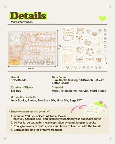 DoDoBeads 335 Pcs Junk Socks Charms Kit with Letter Beads, Gold Charm for Socks and Sneakers, Brooches and Pins for Women, Charms for Sock Safety Pin, Junk Charm with Pearl, Rhinestone, thumbnail 9