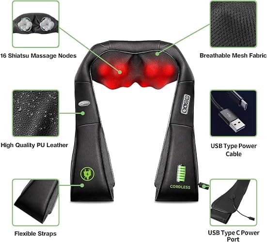 cotsoco Cordless Shiatsu Neck and Shoulder Massager with Heat,Portable Massagers for Neck and Back,3D Deep Tissue Kneading Back Massager for Muscle Pain Relief,Perfect Gifts for Men and Woman - With Battery thumbnail 4