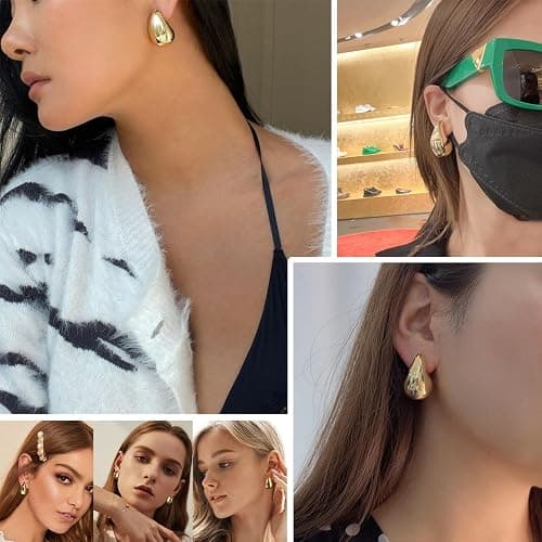 Teardrop Chunky Earrings for Women Trendy Hoop Earring Set Earring Dupes, Fashion Gold Large Drop Earrings thumbnail 3
