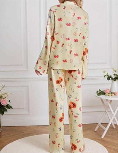 TIKITIDES Womens 2 Piece Floral Fruit Button Down Pajama Sets Cute Long Sleeve Wide Leg Soft Pjs Loungewear thumbnail 5