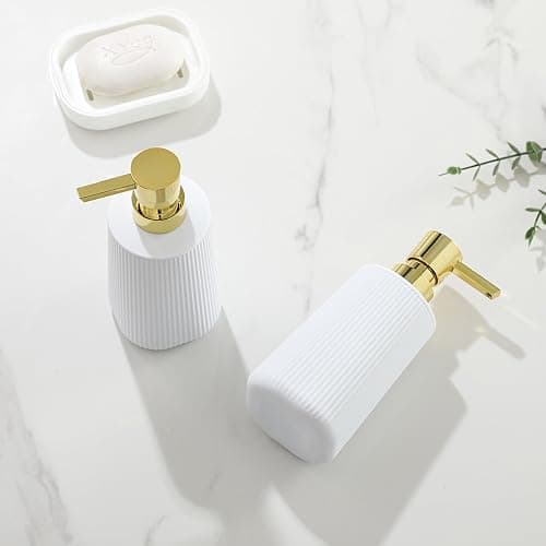 Small Soap Dispenser for Bathroom and Kitchen, Modern Farmhouse Striped Style Plastic Hand Soap Dish Soap Dispenser with Pump Matte White and Gold thumbnail 6