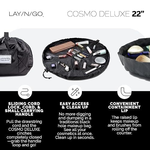 Lay-n-Go Cosmo Layflat Cosmetic & Makeup Bag Organizer - Portable Drawstring Bag w/Zipper Pocket, Brush Storage Loops & More - Durable, Machine Washable Toiletry Bag for Travel (22", Black) thumbnail 3