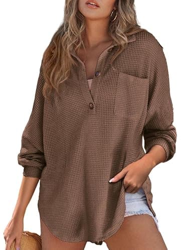 Astylish Women Waffle Knit Tops Henley Shirts Long Sleeve V Neck Solid Color Casual Tunic thumbnail 4