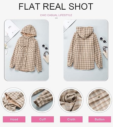 Dokotoo Womens Plaid Shacket Jacket Long Sleeve Button Down Fleece Hooded Jackets Warm Coat thumbnail 6