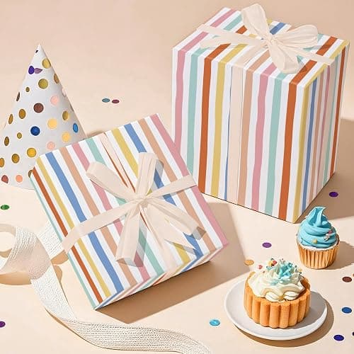 RUSPEPA Watercolor Striped Wrapping Paper Roll for Girls, Mini Roll, Colorful Brushstroke Stripe Design, Adorable Gift Wrap for Paper Birthday, Baby Shower, Wedding, Anniversary, 17 Inches x 16.4 Feet thumbnail 4