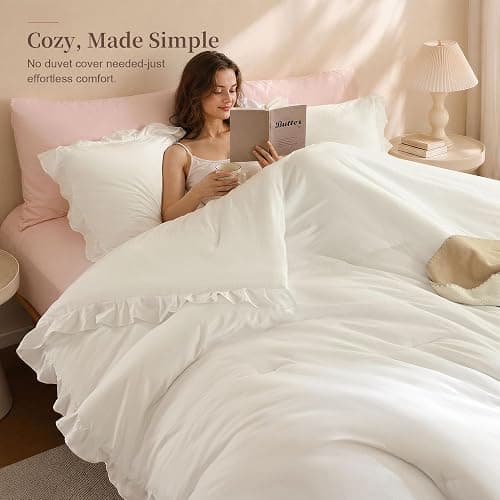 JANZAA Cream White Comforter Set Full, Ruffle Soft Bedding | microfiber bed set with 2 pillow sham ruffle design lightweight warmth breathable bedding machine washable thumbnail 7