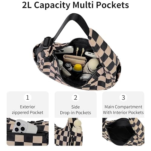 FODOKO Crescent Shoulder Bag for Women Checkered Purse Small Cute Clutch Hobo Handbags Nylon Quilted thumbnail 3