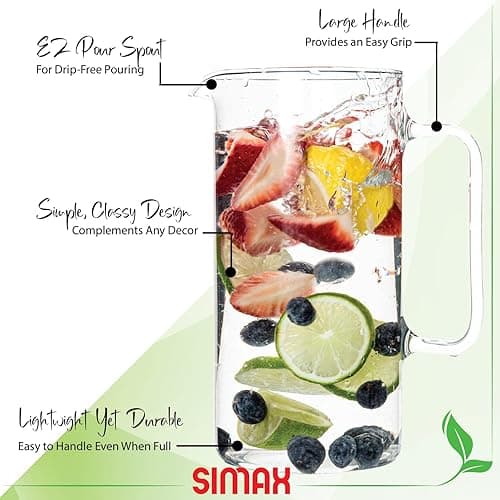 Simax Glass Pitcher, 64 Oz (2 Quart) Borosilicate Glass Water Pitchers, Hot and Cold Safe Sangria Pitchers, for Beverage, Iced Tea, Lemonade & Juice - 2 Quart Classic thumbnail 5