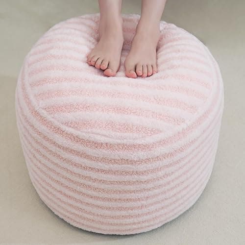Round Pouf Ottoman Stuffed Foot Rest Stool, Floor Chair Poufs for Living Room Bedroom, Faux Fur Poufs with Foam Chunk Filling, Storage Ottoman Pouf 20 X 15 Inch Boho Poof for Couch, Pink & White - Image 1