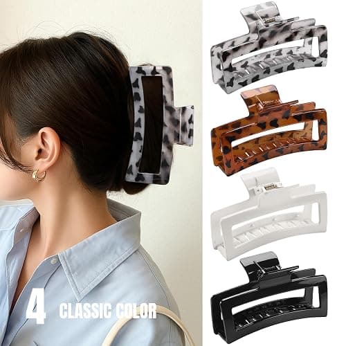 5 Inche Extra Large Claw Clips for Thick Hair, 4 Pack Xl Leopard and Glossy Claw Clips, Jumbo Non-Slip Rectangle Hair Clips for Women, Strong Hold Jaw Clips for Long Hair thumbnail 4
