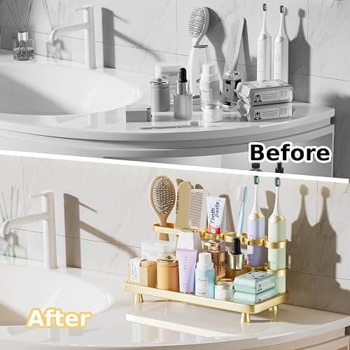 YOOLENS Electric Toothbrush Holder for Bathroom Countertop 5 Metal Slots Toothpaste Razor Mouthwash Organizer, Gold thumbnail 6