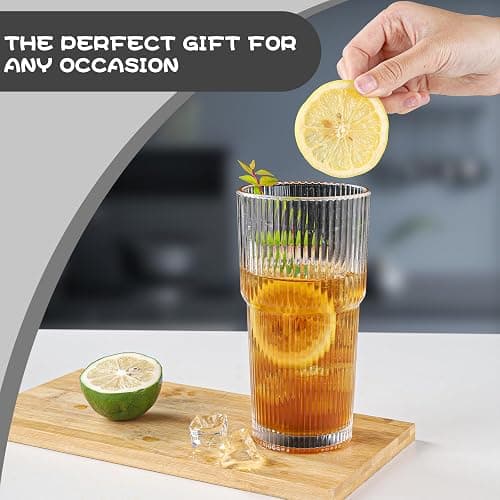 WeirdUncle Set of 6 Oversize Ribbed Glassware, 20oz Vintage Clear Glass Tumbler, Large capacity, Origami Style, Fluted Design, Ideal for Water, Iced Coffee, Beer, Tea, Latte, Housewarming Gift (Large) thumbnail 7
