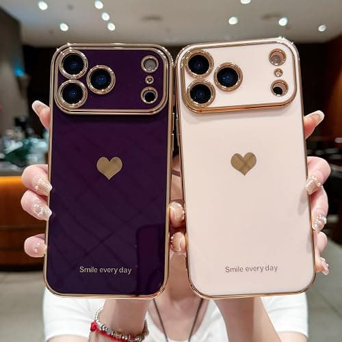 Teageo for iPhone 17 Pro Case with Screen Protector [2 Pack] Girl Women Cute Girly Love-Heart Luxury Gold Soft Cover Camera Protection Shockproof Phone Case for iPhone 17 Pro, Light Pink thumbnail 7