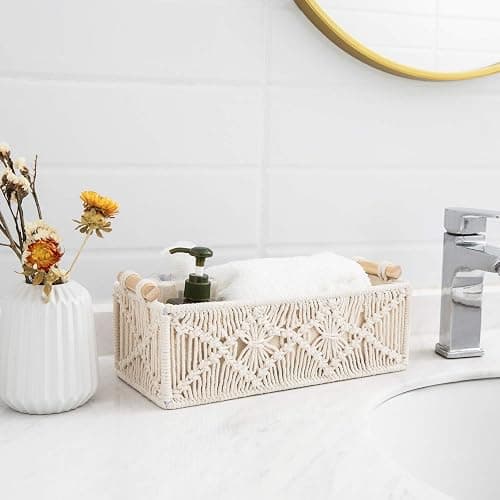 Mkono Macrame Storage Baskets Boho Decor Box Handmade Woven Decorative Countertop Toilet Tank Shelf Cabinet Organizer for Bedroom Livingroom Home, Set of 2, Ivory thumbnail 8
