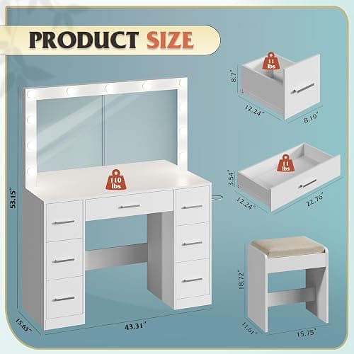 WLIVE White Vanity Desk with Large Mirror and Lights, Makeup Table w/7 Drawers & Power Outlets, Modern Vanity Table Set with Chair, Dressing Table for Bedroom Dressing Room Girl thumbnail 2