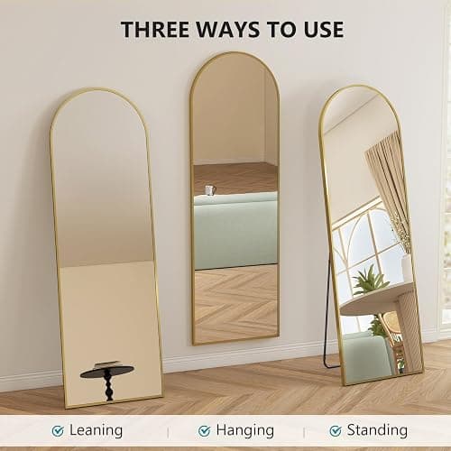 DUMOS 64"x21" Arched Full Length Floor Mirror, Full Body Mirror with Stand, Shatterproof Tempered Glass, Modern Aluminum Alloy Frame, Free Standing or Leaning for Home Decor, Gold thumbnail 6