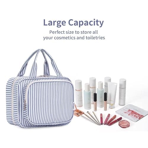Narwey Striped Hanging Toiletry Bag for Women Travel Makeup Bag Organizer Toiletries Bag for Travel Size Essentials Accessories Cosmetics (Greyish Blue Stripe (Medium)) thumbnail 8