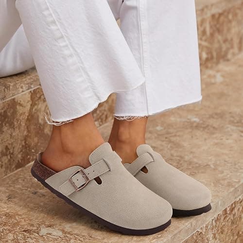 KIDMI Genuine Suede Clogs for Women Cork Footbed Sandals Leather Mules Potato Shoes with Arch Support thumbnail 2
