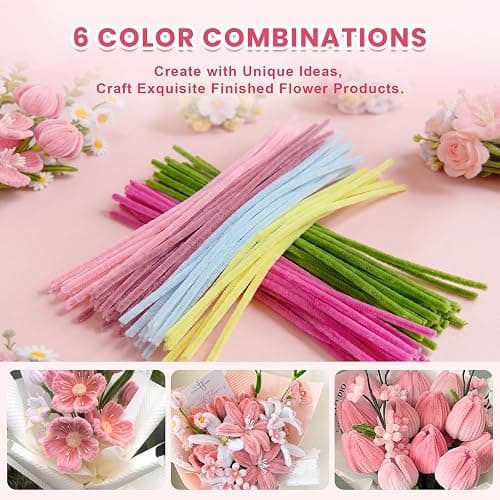 600 PCS Pipe Cleaners Craft, 6 Colors Pipe Cleaner Bulk Flower Kit, Chenille Stems Bulk with Floral Wires, Gardening Tape, Stamen, Wrapping Paper & Ribbon, DIY Art and Craft Supplies - Pink Gradient thumbnail 3