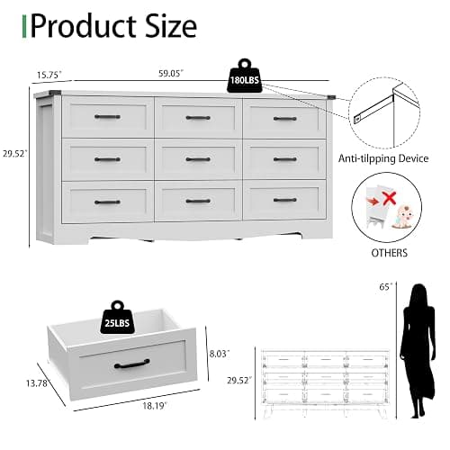 Dresser for Bedroom with 9 Drawers, 59" Wide Modern Chest of Drawers with Deep Drawers & Mental Handle, Wood Dresser TV Stand, Wooden Closet Storage Organizer for Living Room, Hallway, Entryway, White thumbnail 2