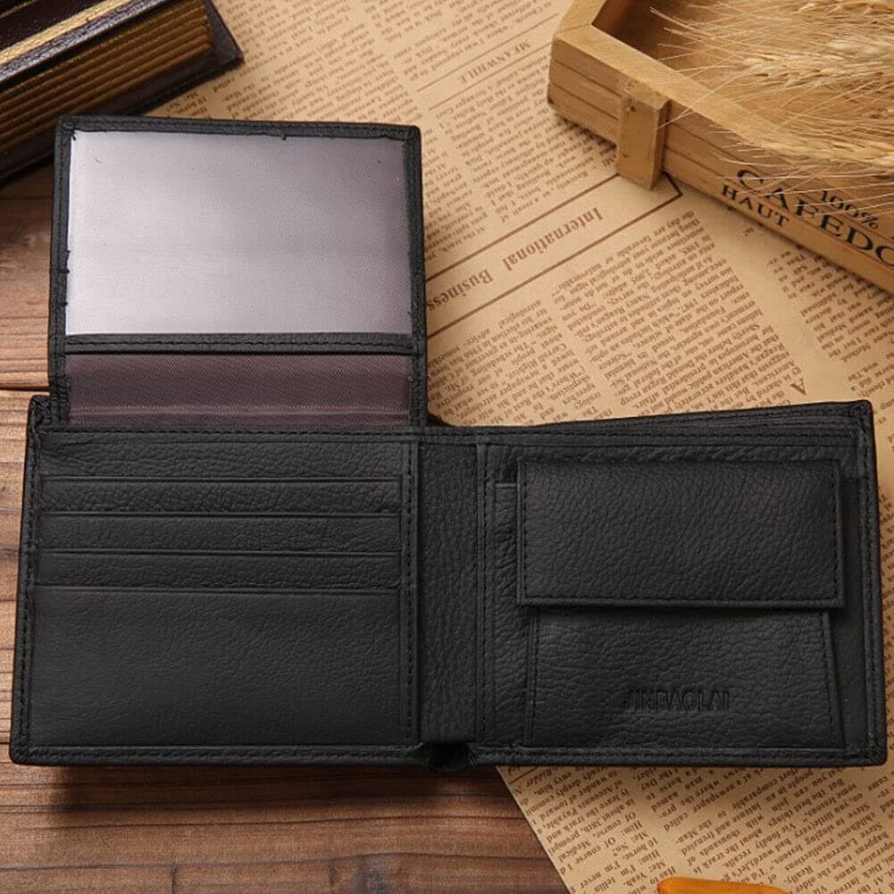 Men's Genuine Cowhide Leather Bifold Wallet - 2 Bill Compartments + 8 Card Slots + Photo Insert | Zippered Coin Pocket & Multi-Layer Organizer | Durable Stitching (Black) thumbnail 2