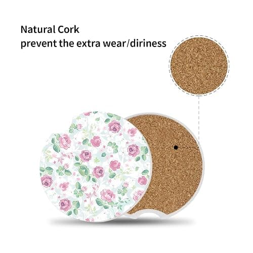 Car Coasters for Drinks Absorbent,2 Pack Cup Holders,2.56" Ceramic Stone & Non-Scratch Cork Base Coasters,Auto Accessories for Women & Men(Pink Flowers). thumbnail 7