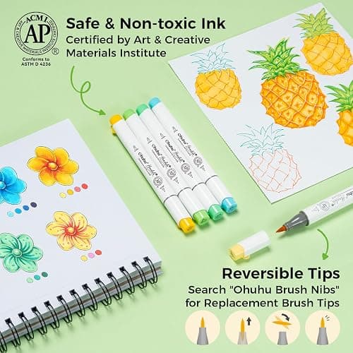 Ohuhu Alcohol Markers Brush and Chisel Tip: 48-Color Double Tipped Art Marker Set for Artist Adults Cozy Coloring Illustrations - Honolulu 2- Brush and Chisel Dual Tips- Refillable - AP Certificated thumbnail 6
