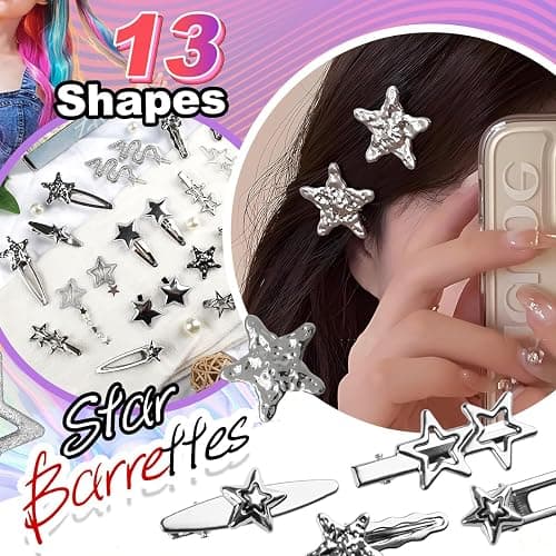 22 Pcs Silver Hair Clips Metal Star Barrettes, 13 Shapes Hairpin Barrettes, Goth Hair Pins Set, Punk 2000s Hair Accessories for Women and Girls Styling Star Hairpin (22 PCS) thumbnail 3