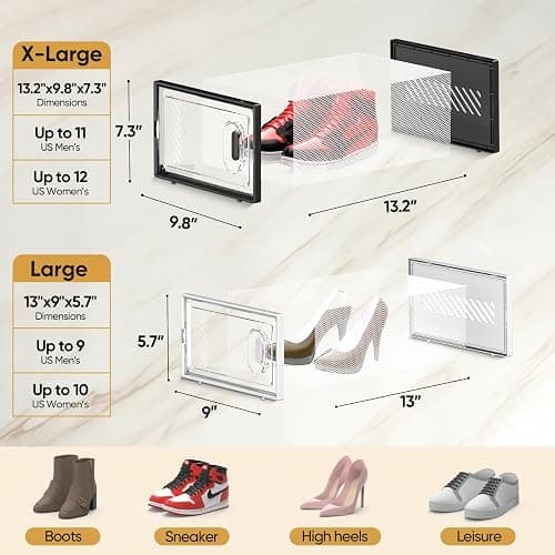 BALEINE 12 Pack Stackable Shoe Storage Boxes Fit Size 9, Thickened Clear Shoe Box Bins with Lids, Plastic Foldable Organizer Sneaker Storage Containers (Large, Black) thumbnail 2