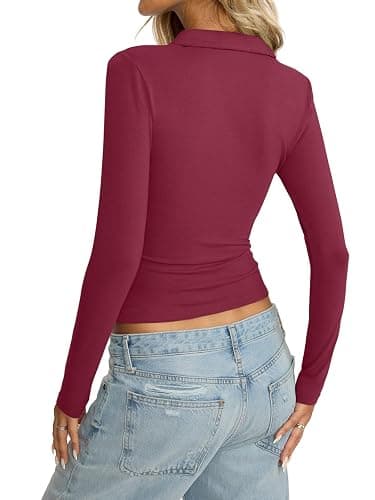 Womens Cotton Polo Collared Shirt Long Sleeve Sexy Deep V Neck Top Button Up Slim Fitted Tee Business Casual Outfit thumbnail 6