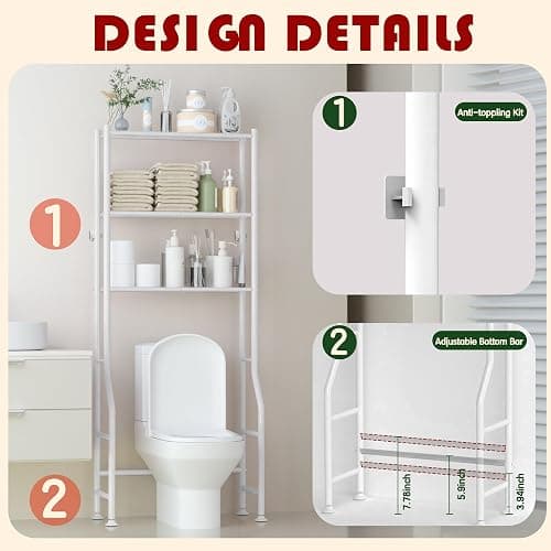 GloTika 3-Tier Over Toilet Storage Rack, Metal Over Toilet Bathroom Organizer Shelf, Freestanding Space Saver Storage Shelves for Bathroom/Laundry/Living Room (White) thumbnail 5