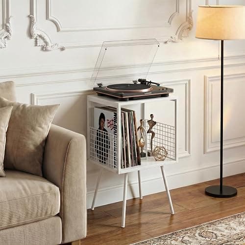Faesun Record Player Stand with Storage Holds 100+ Vinyl Records, Industrial Turntable Stand with Storage Shelf, LP Album Organizer Cabinet for Small Spaces, whtie End Table thumbnail 2