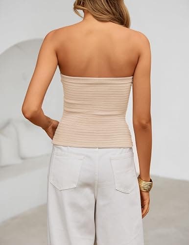 ZESICA Womens Summer Strapless Tube Tops 2026 Ribbed Bandeau Off Shoulder Knit Top Slim Fit Crop Ruched Beach Outfits thumbnail 5