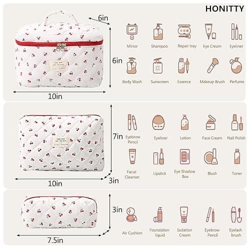 honitty Makeup Bag,Quilted Cosmetic Bags,Large Floral Make Up Organize bag,Makeup Bag Set for Women,Flower Travel Toiletry Bag thumbnail 2