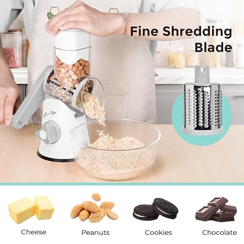 X Home Rotary Cheese Grater for Kitchen, Shredder with 3 Interchangeable Blades, Rotary Grater with Handle and Strong Suction Base, for Vegetables, Fruit, Nuts, Easy to Use and Clean, White thumbnail 5