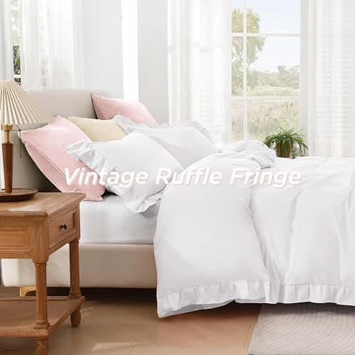 Andency White Ruffle Duvet Cover Queen(90x90Inch), 3 Pieces Soft Washed Microfiber Vintage Shabby Chic Farmhouse Ruffled Duvet Cover Set with Zipper Closure & Corner Ties thumbnail 7